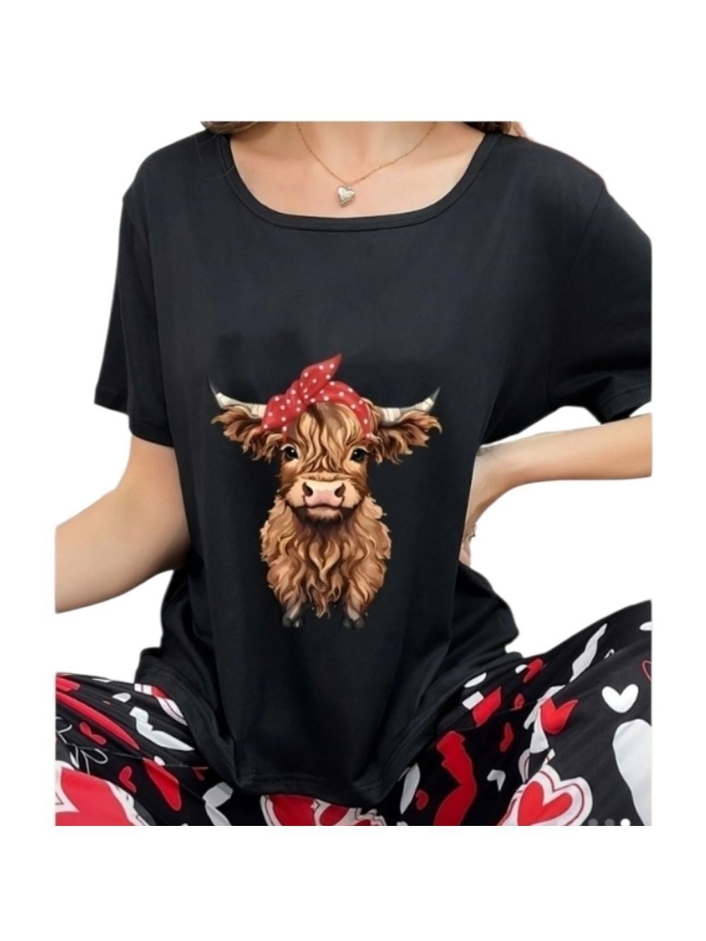 Black Highland Cow Print T Shirt